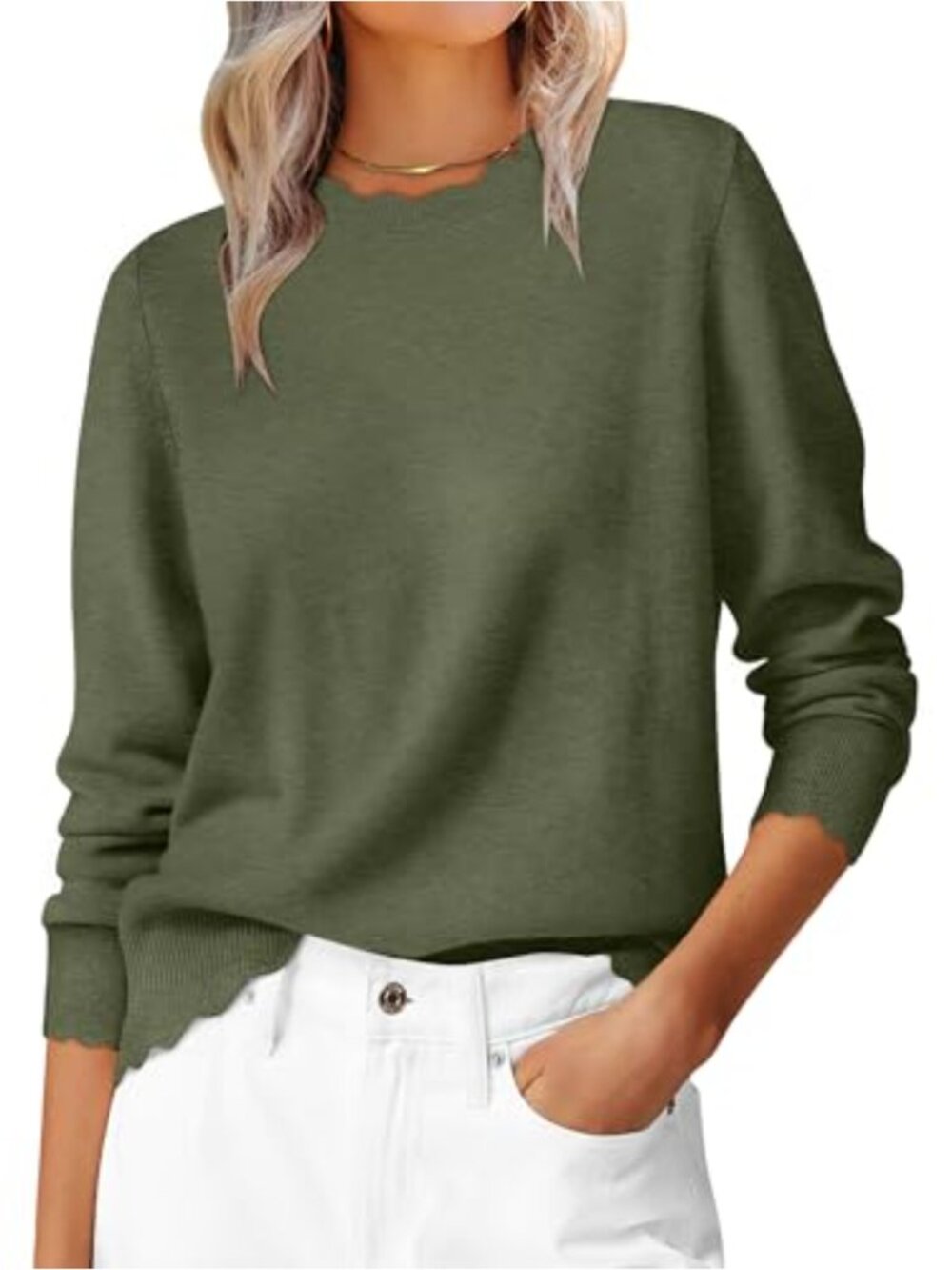 Loose Fit Scallop Long Sleeve Knit Pullover Sweater Women's Lightweight
